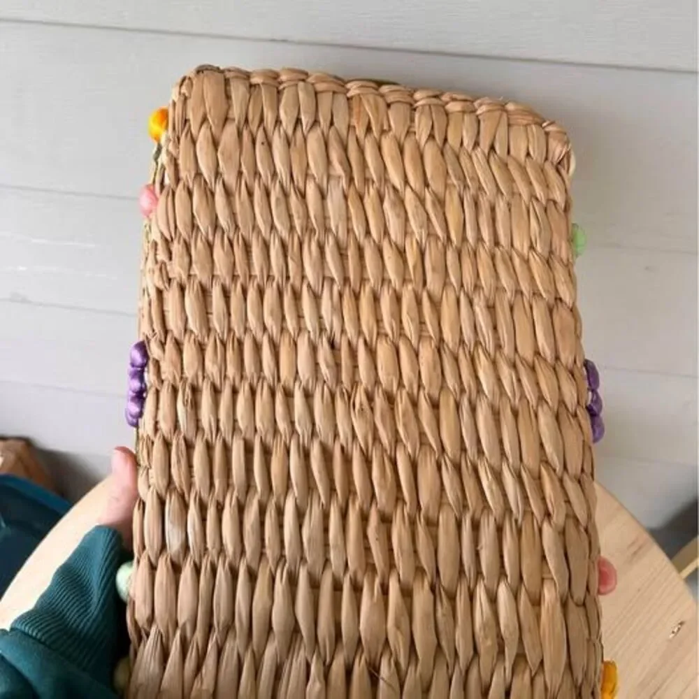 Three Vintage Woven Rectangle Baskets With Raffia Fruit